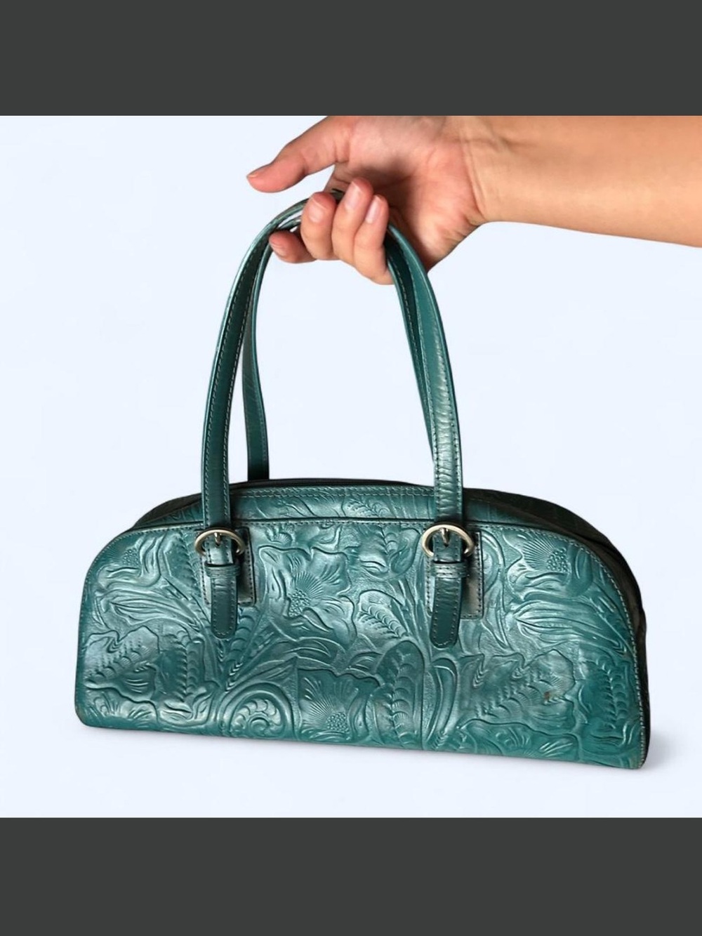 Teal Embossed Floral Leather Handbag